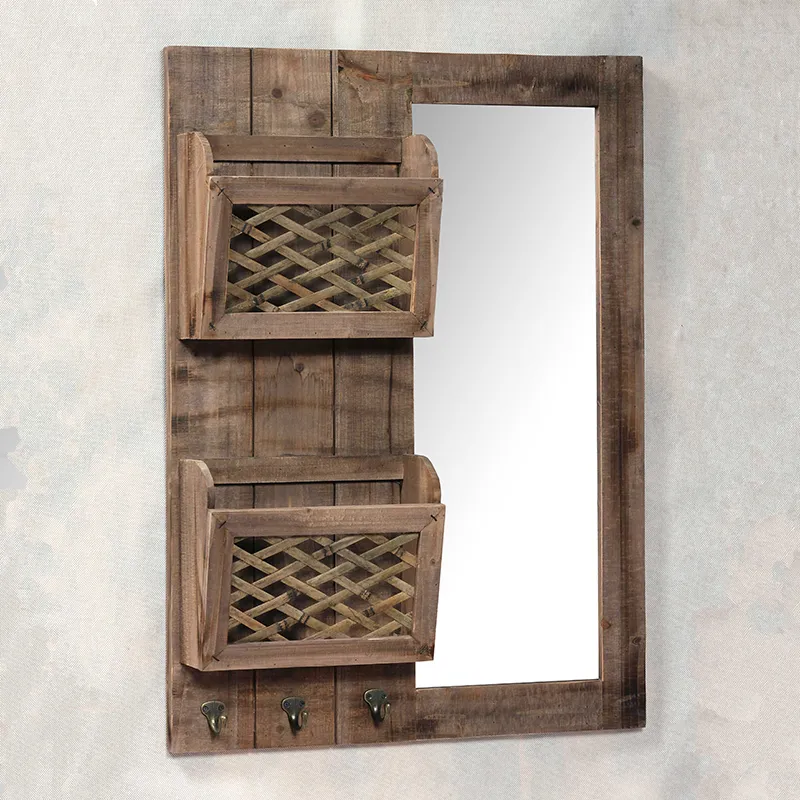 31.5"L Wall Storage Mirror with 2 Woven Rattan Baskets