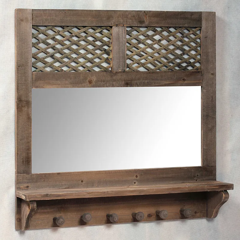 31.5"L Square Wall Shelf Mirror with Woven Rattan Back and Hooks