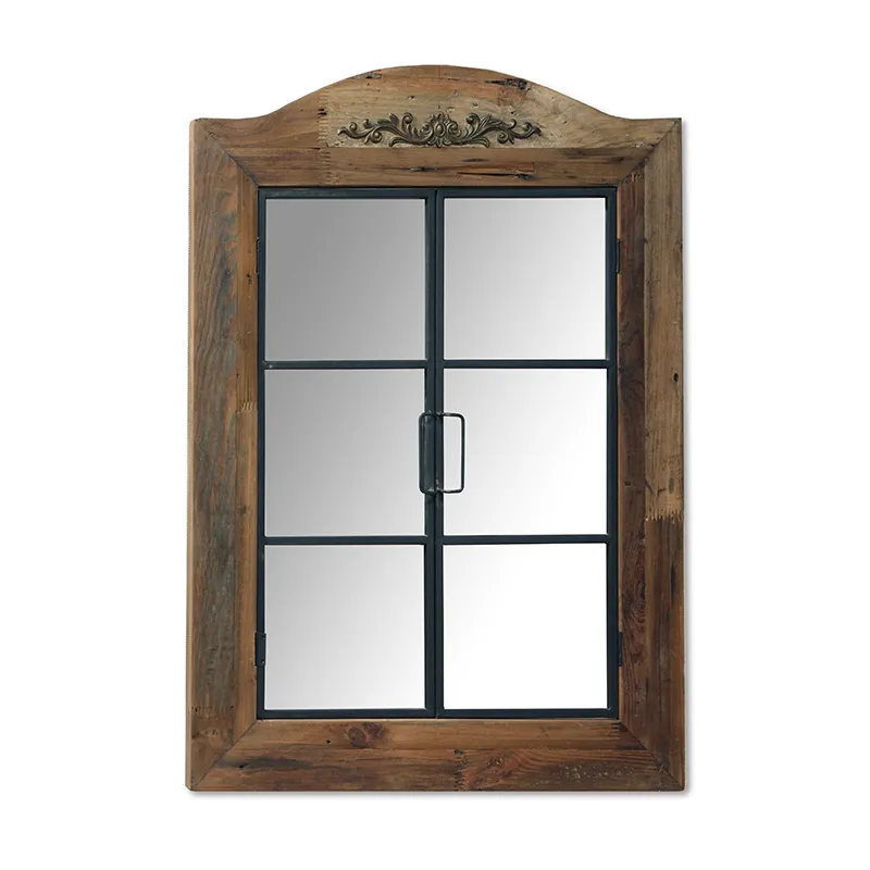32.25"L Window Shape Reclaimed Wood Mirror with Black Wired Door