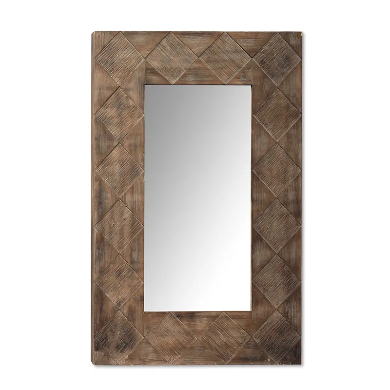 45.5"L Rectangular Wood Framed Mirror with Carved Diamond Pattern