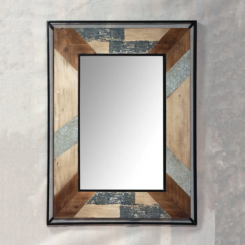 43.25"L Rectangular Spliced Colored Reclaimed Wood and Galvanized Sheet Mirror with Black Metal Back