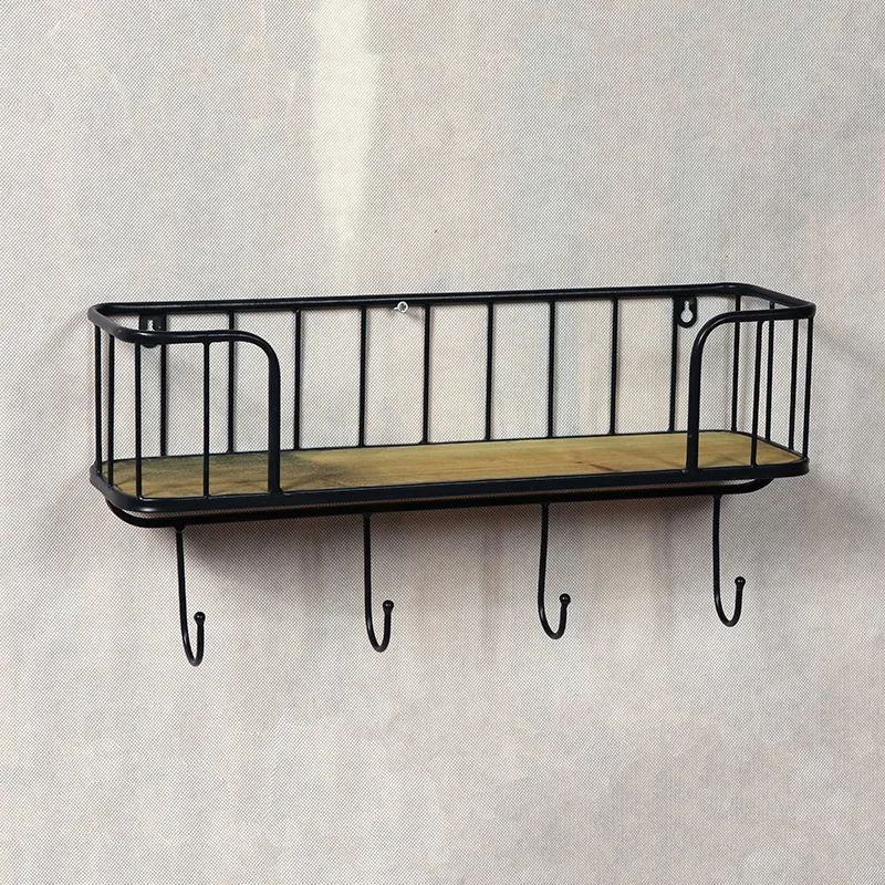 31.5"L Black Metal Wall Shelf with Hooks and Smooth Corners