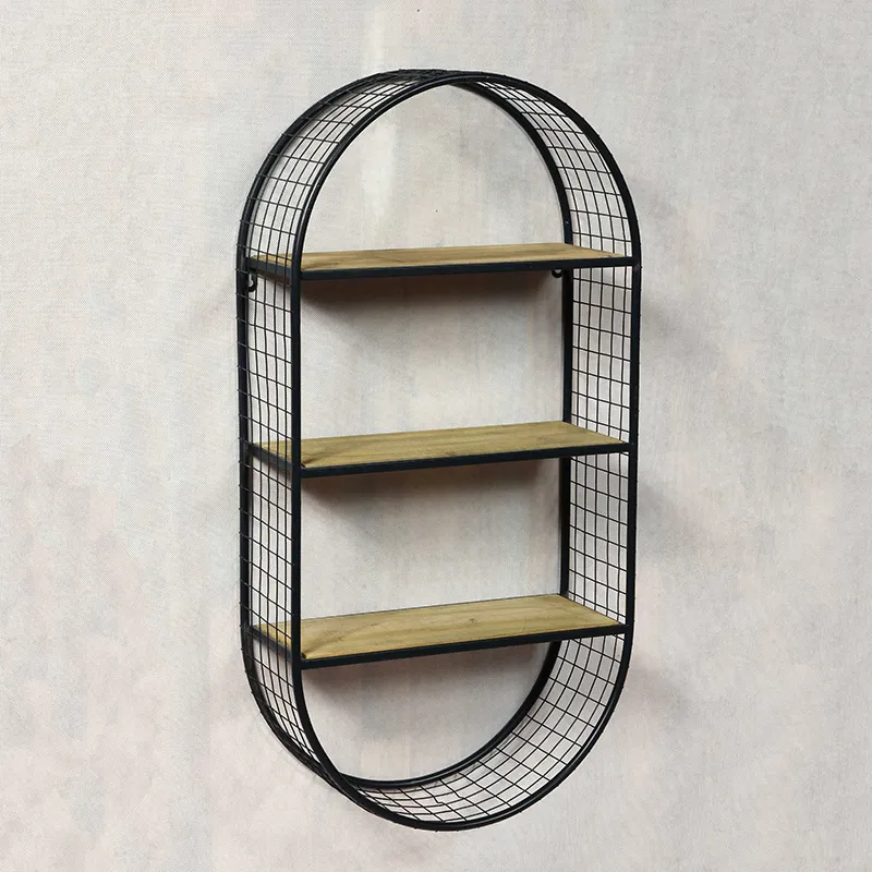 23.5"L 3-Tier Oval Iron Wall Shelf Surrounded by Black Wire