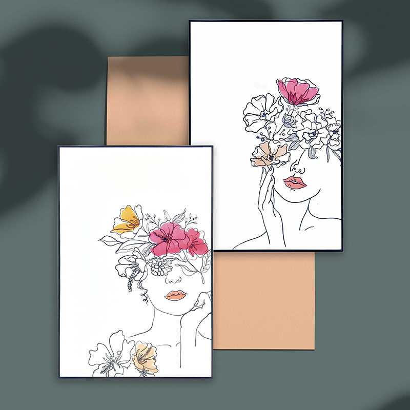 23.5"L  Abstract Lady with Flowers Line Art Framed Prints, 2 Styles