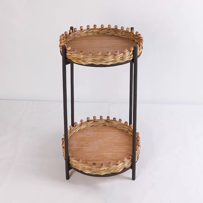25.8"H 2-Tier Round Woven Straw End Table Bead Side Table