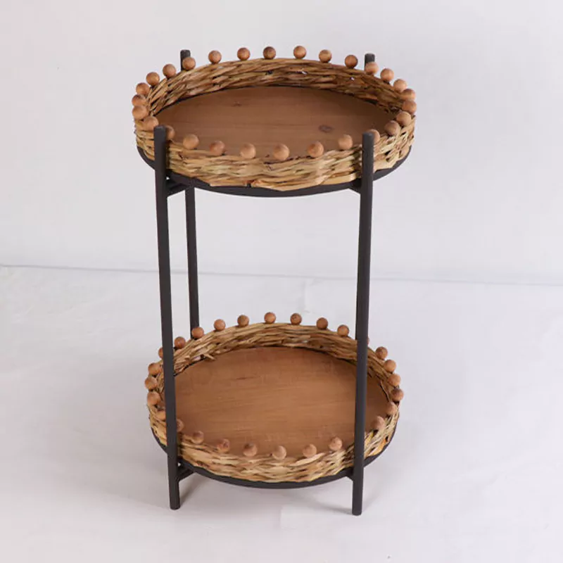 21.7"H 2-Tier Round Woven Straw End Table Bead Side Table