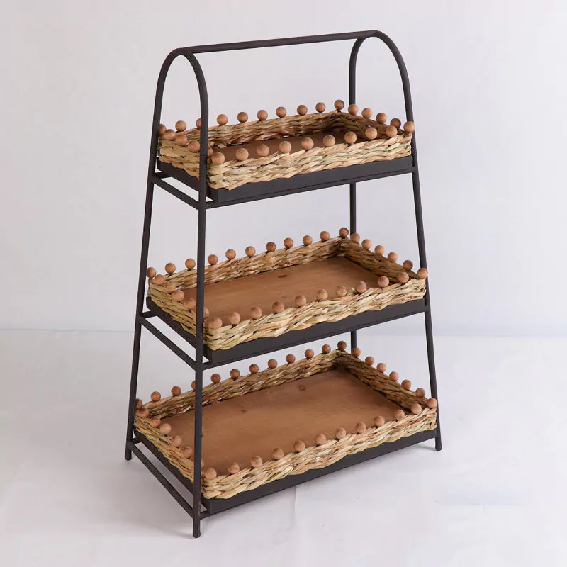 29.5"H 3-Tier Tiered Woven Straw End Table, Bead Side Table, Tiered Shelves