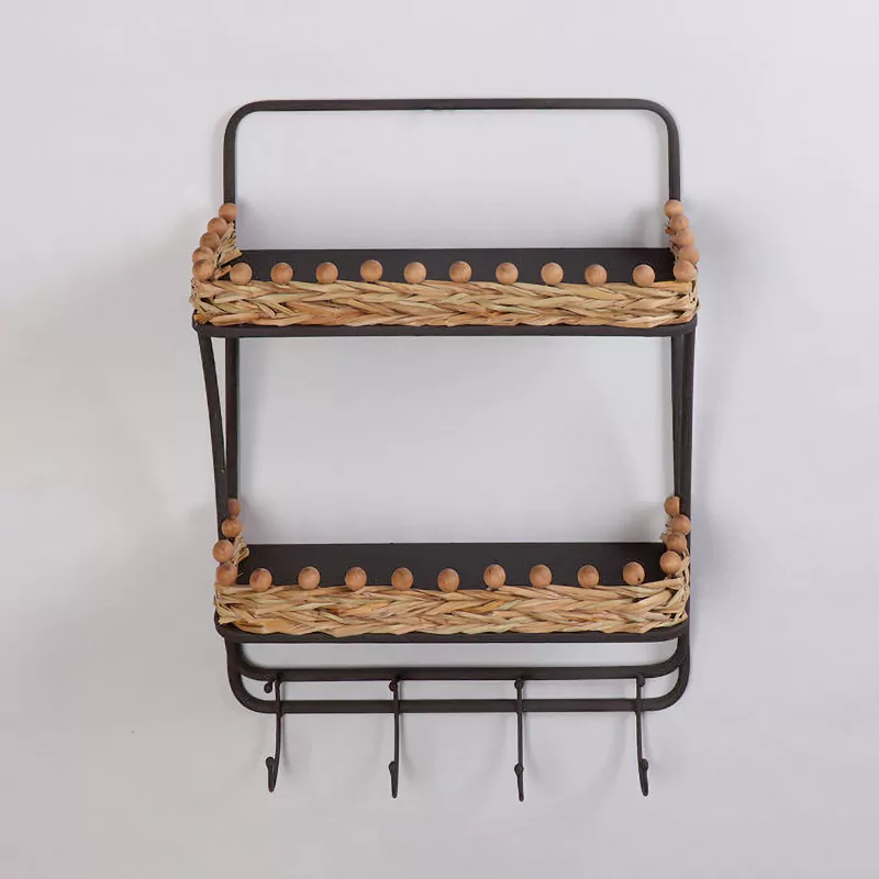 25.5"L Rectangular Woven Straw Wall Shelf with Hooks