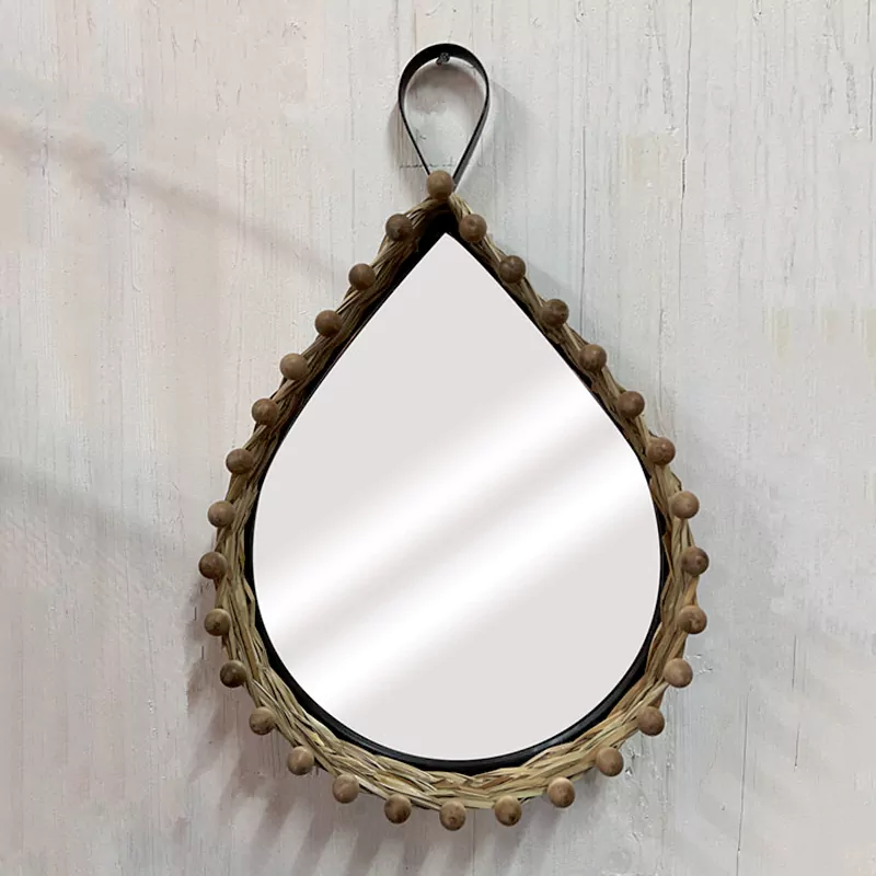21"L Teardrop Woven Straw Bead Mirror, Table Top Serving Tray