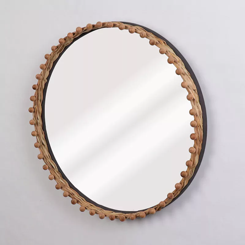 23.5"L Round Woven Straw Bead Mirror, Table Top Serving Tray