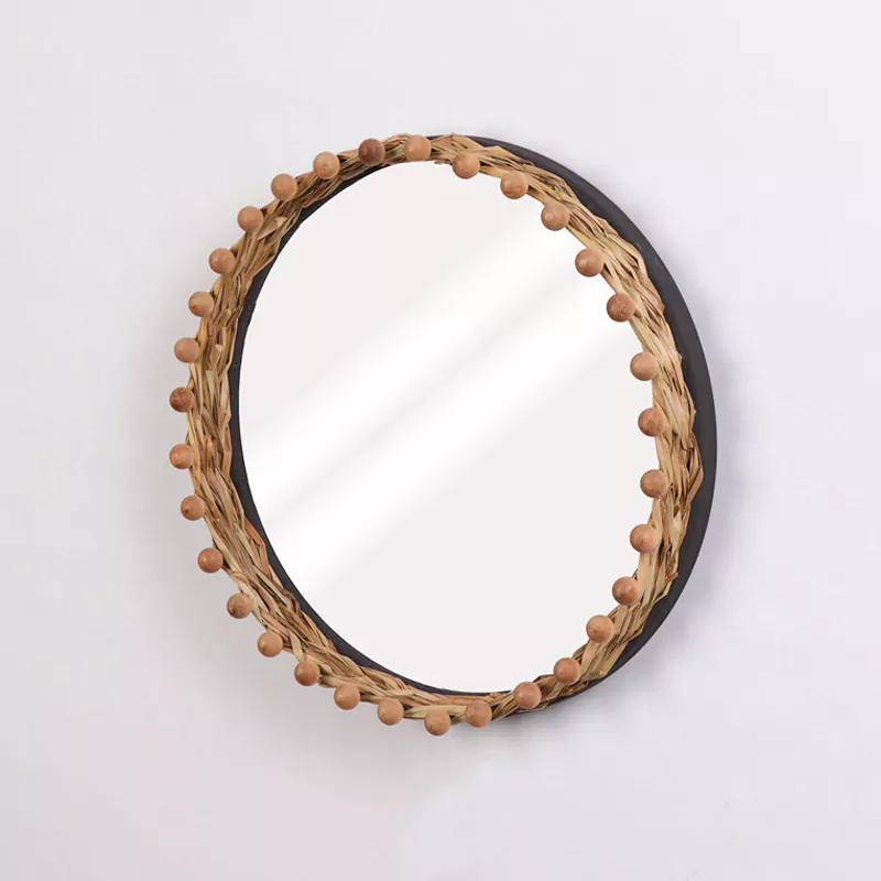 15.75"L Round Woven Straw Bead Mirror, Table Top Serving Tray