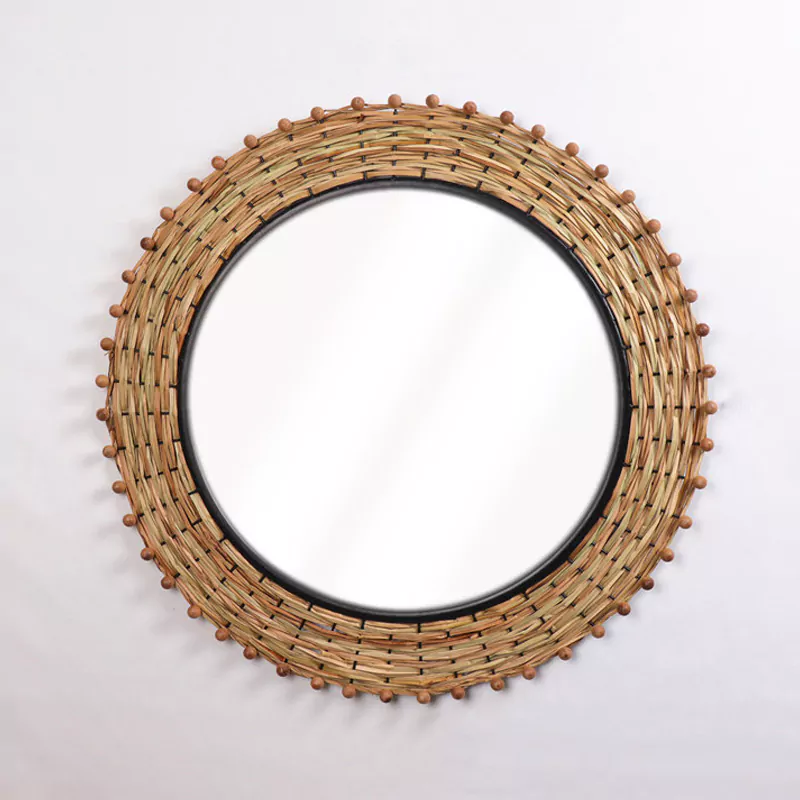 32.25"L Boho Round Woven Straw Mirror
