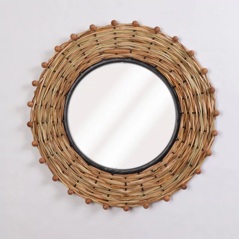 22.5"L Boho Round Straw Mirror