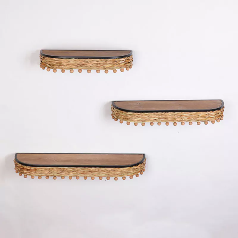 Boho Woven Straw Bead Wall Shelves, Set of 3