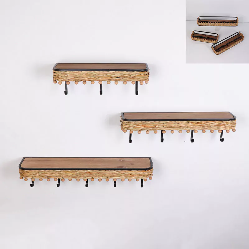 Boho Woven Straw Bead Wall Shelves with Folding Hooks, Set of 3