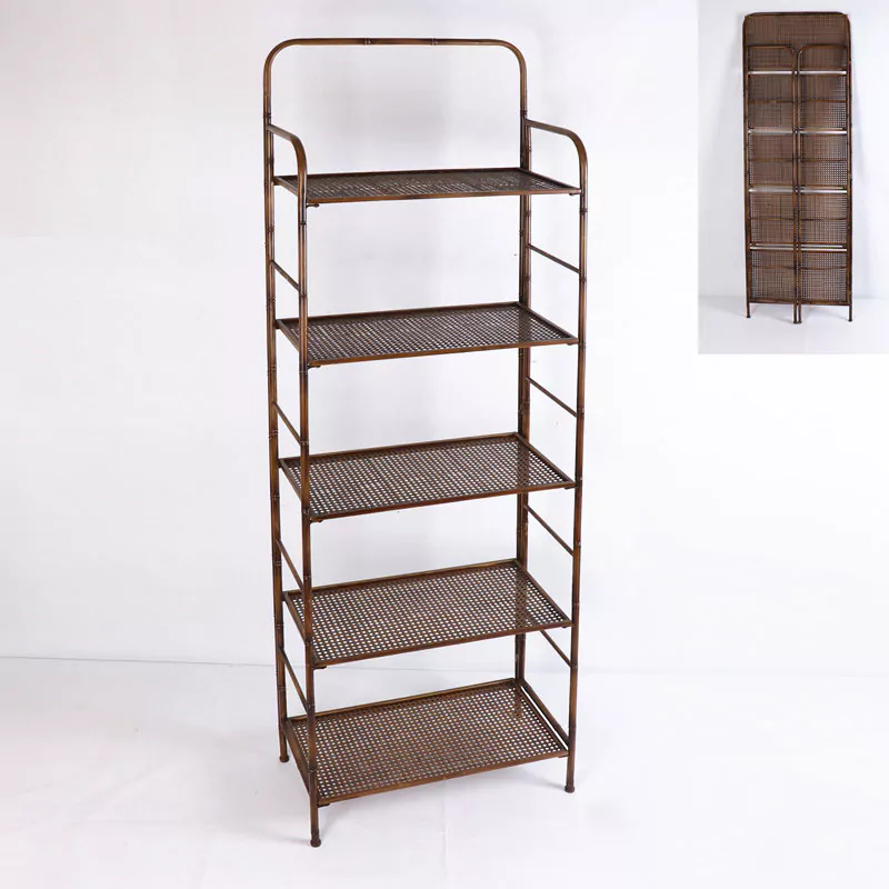 62.25"H 5-Tier Folding Iron Bookcase, Large Shelf.