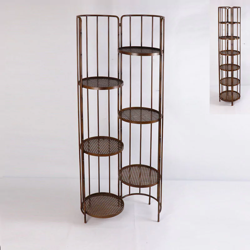 62.25"H Accent Round Multi-Tiered Folding Iron Bookcase, Large Shelf.