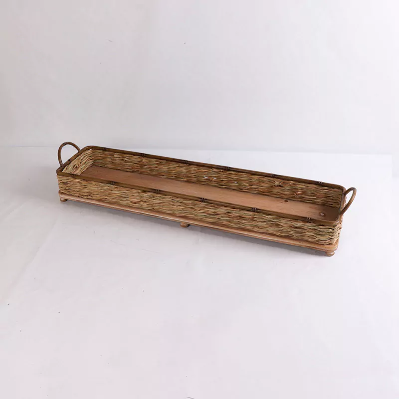 40.125"L Rectangular Long Skinny Woven Straw Serving Tray with Handles