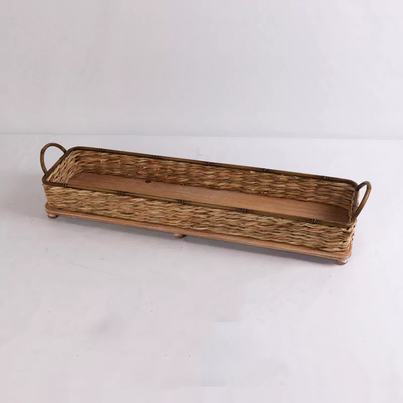 33.5"L Rectangular Long Skinny Woven Straw Serving Tray with Handles