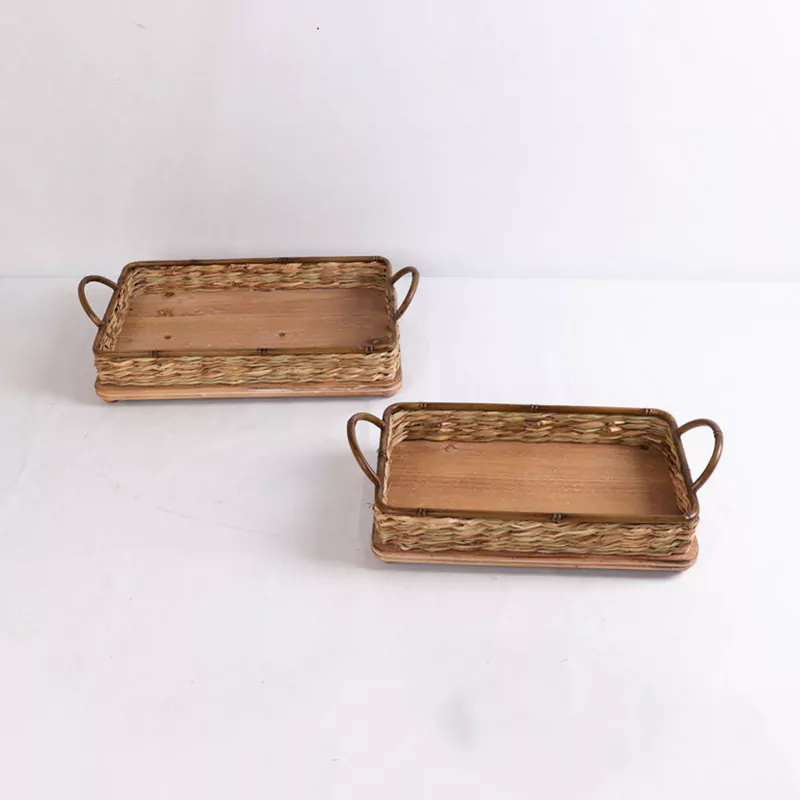 21.5"L Rectangular Woven Straw Serving Tray with Handles